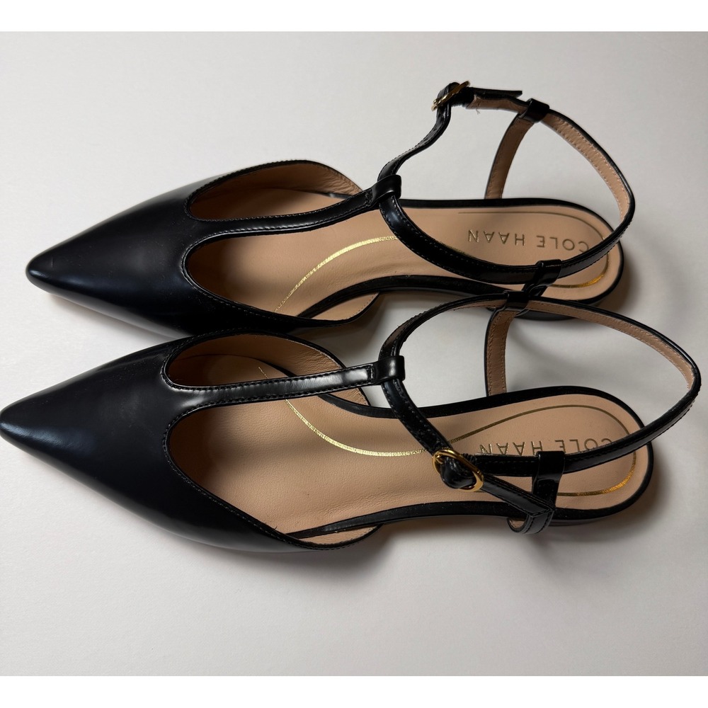 Cole Haan Grand 360 Black Leather T-Strap Pointed Toe Flats Shoes Womens 6B - Picture 6 of 8